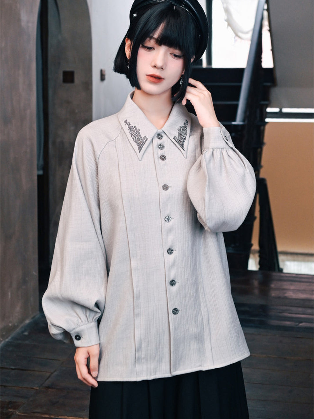 White Embroidered Collar Lantern Sleeve Shirt