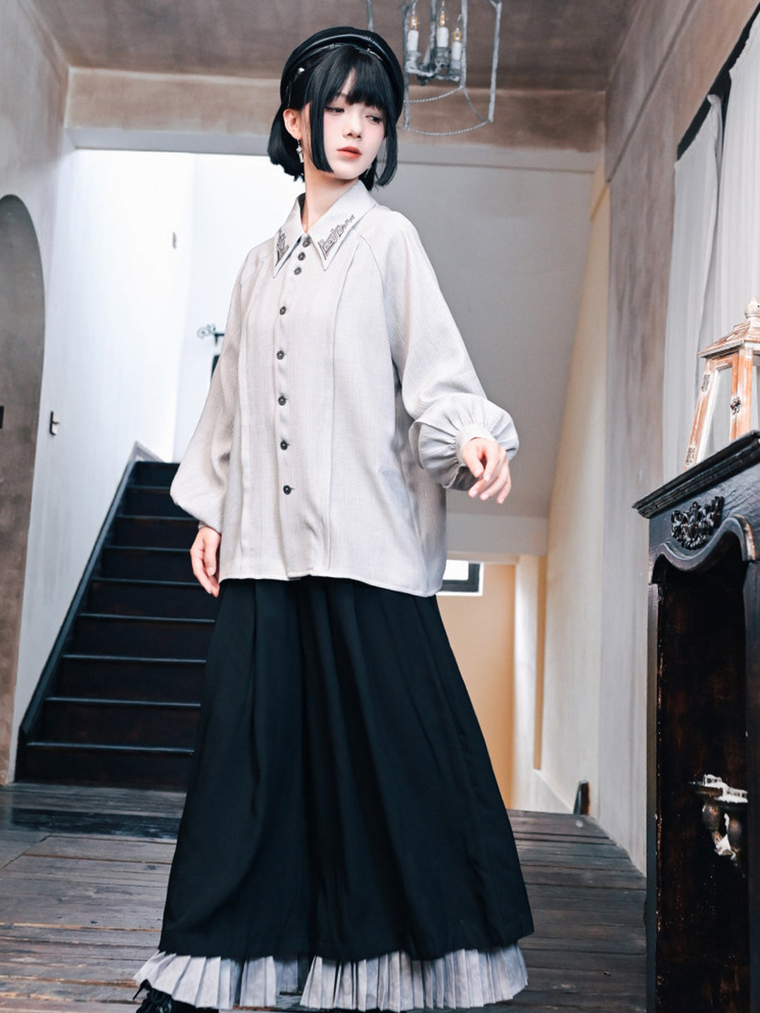 White Embroidered Collar Lantern Sleeve Shirt