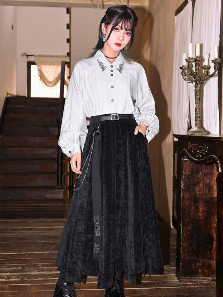 White Embroidered Collar Lantern Sleeve Shirt