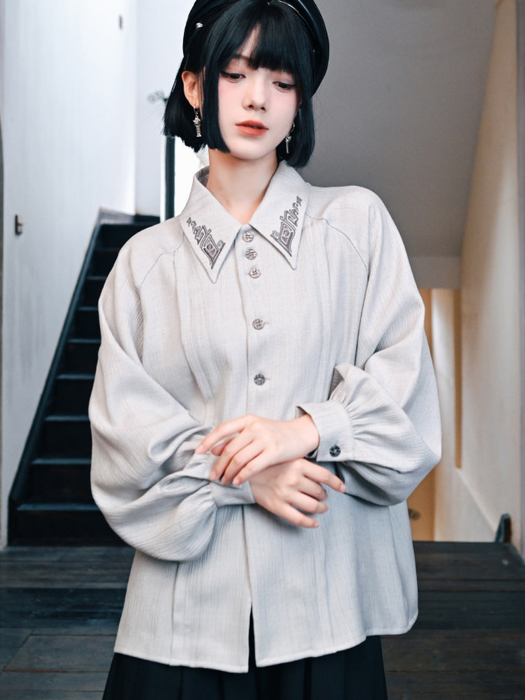 White Embroidered Collar Lantern Sleeve Shirt