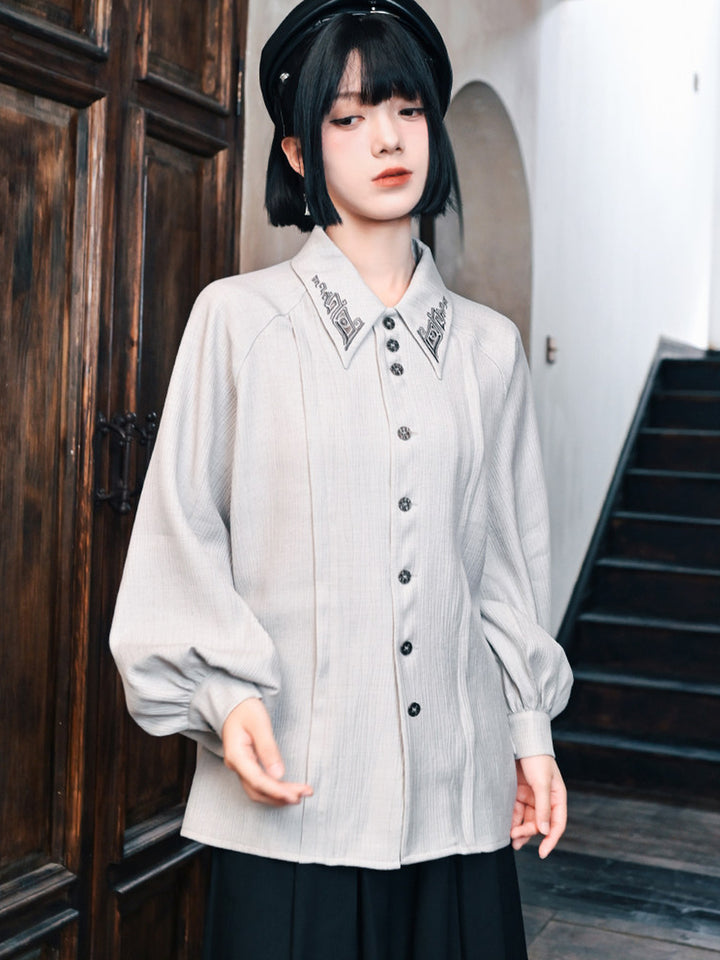 White Embroidered Collar Lantern Sleeve Shirt