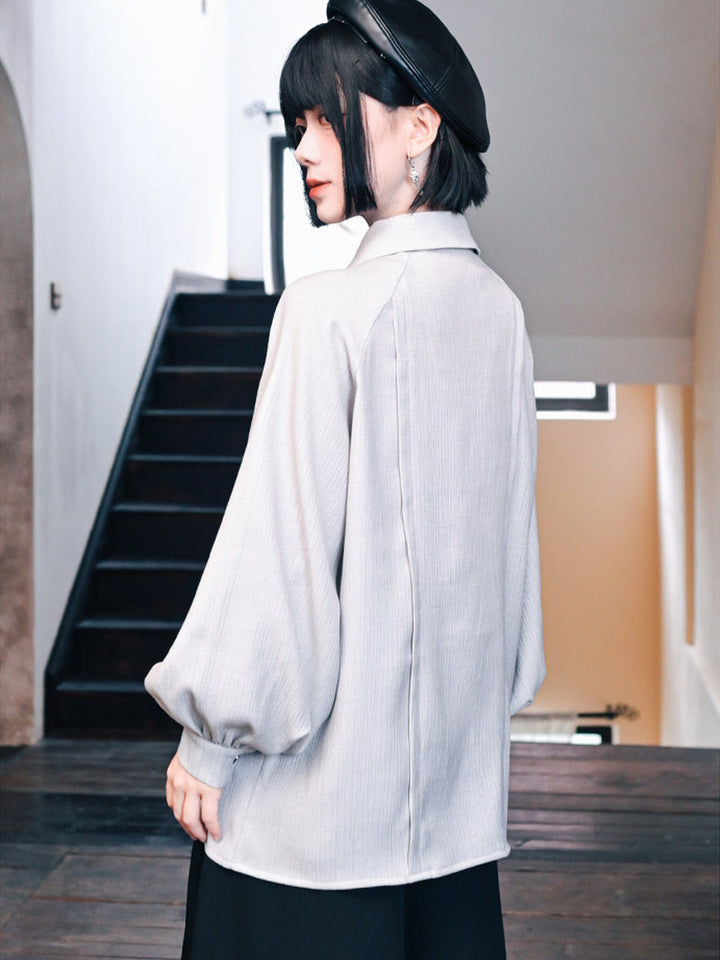 White Embroidered Collar Lantern Sleeve Shirt