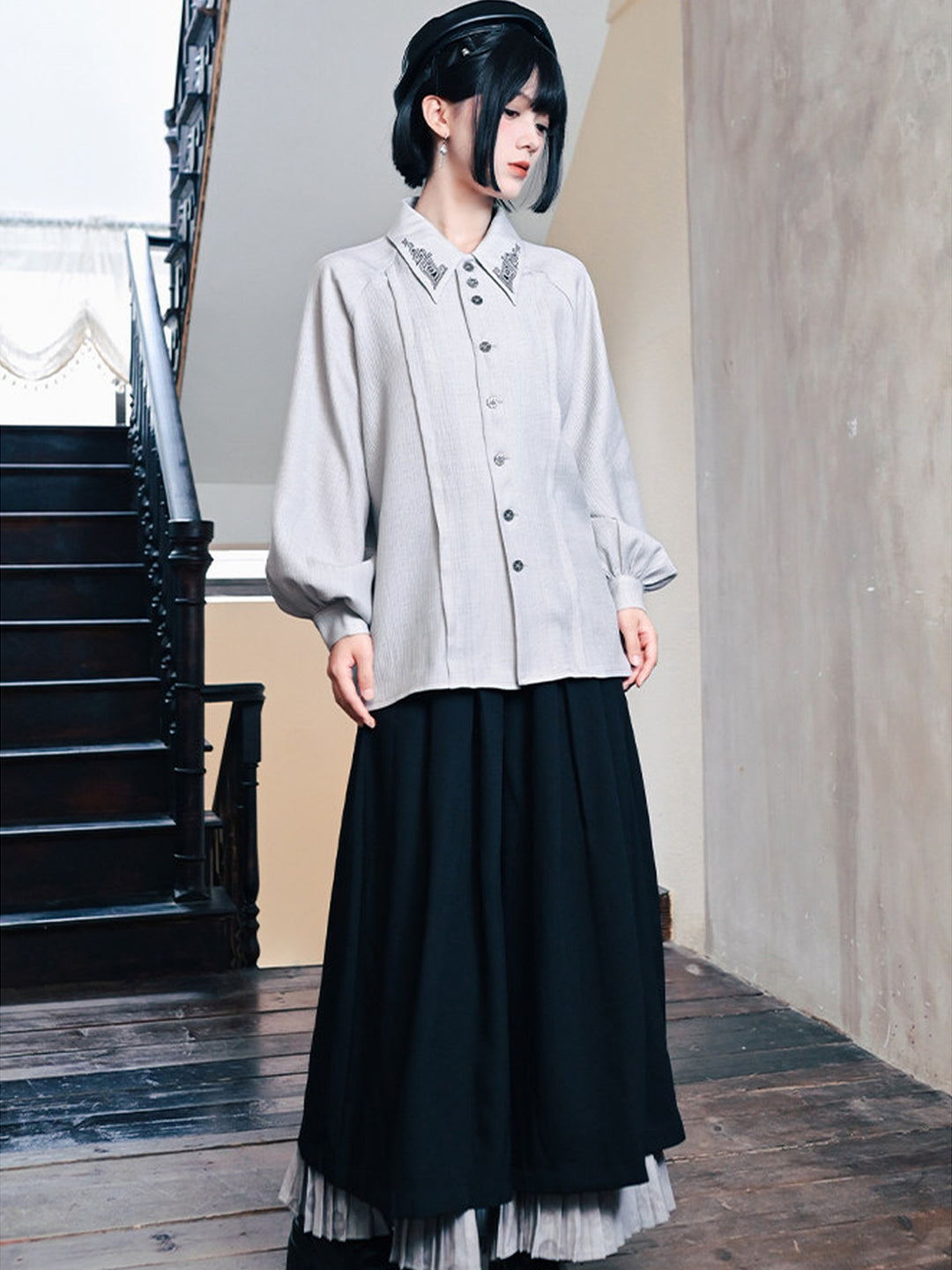 White Embroidered Collar Lantern Sleeve Shirt