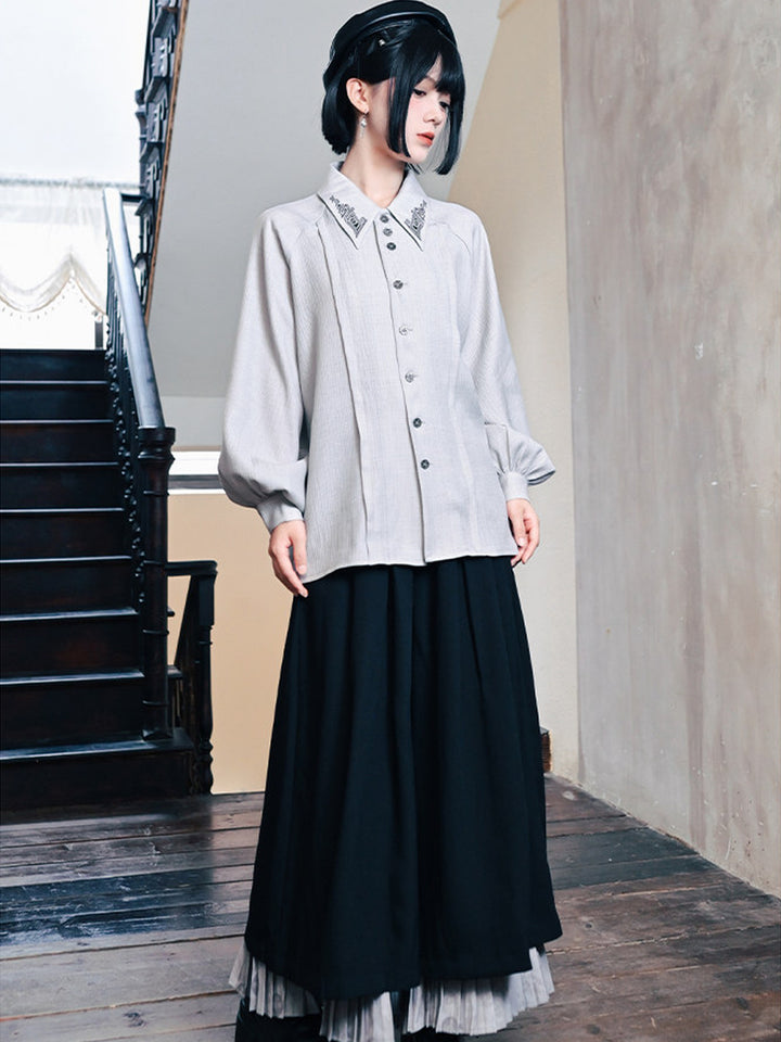 White Embroidered Collar Lantern Sleeve Shirt