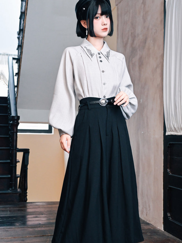 White Embroidered Collar Lantern Sleeve Shirt