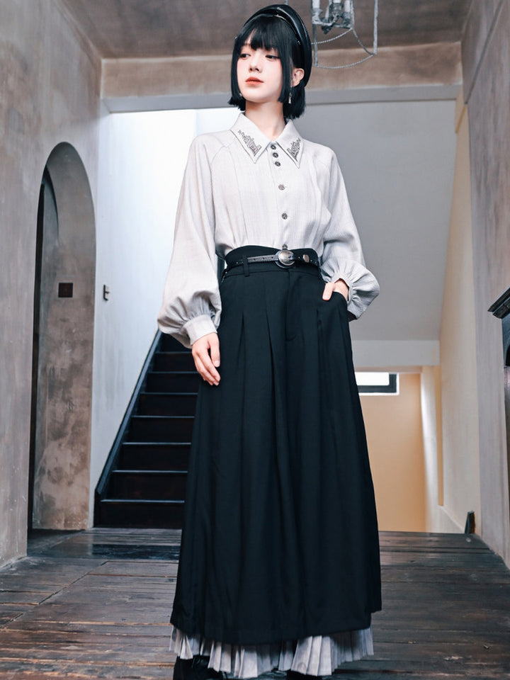 White Embroidered Collar Lantern Sleeve Shirt