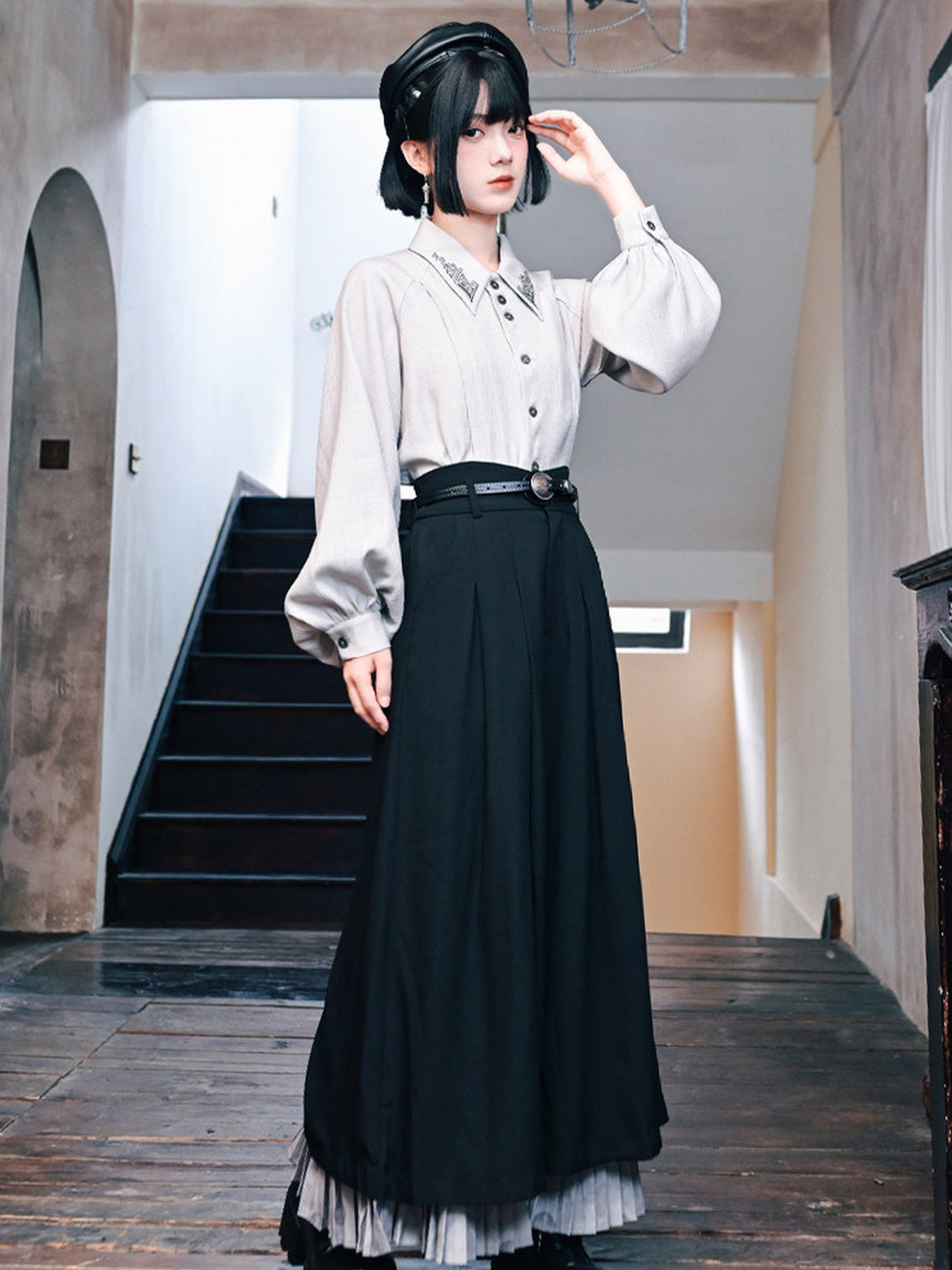 White Embroidered Collar Lantern Sleeve Shirt