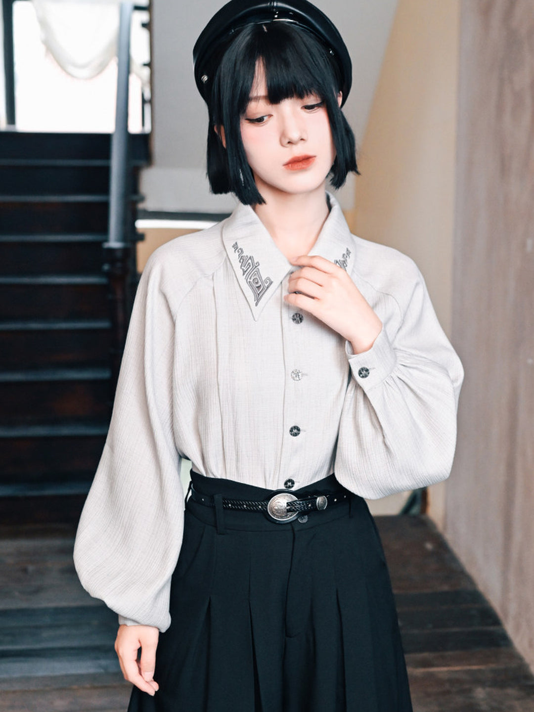 White Embroidered Collar Lantern Sleeve Shirt