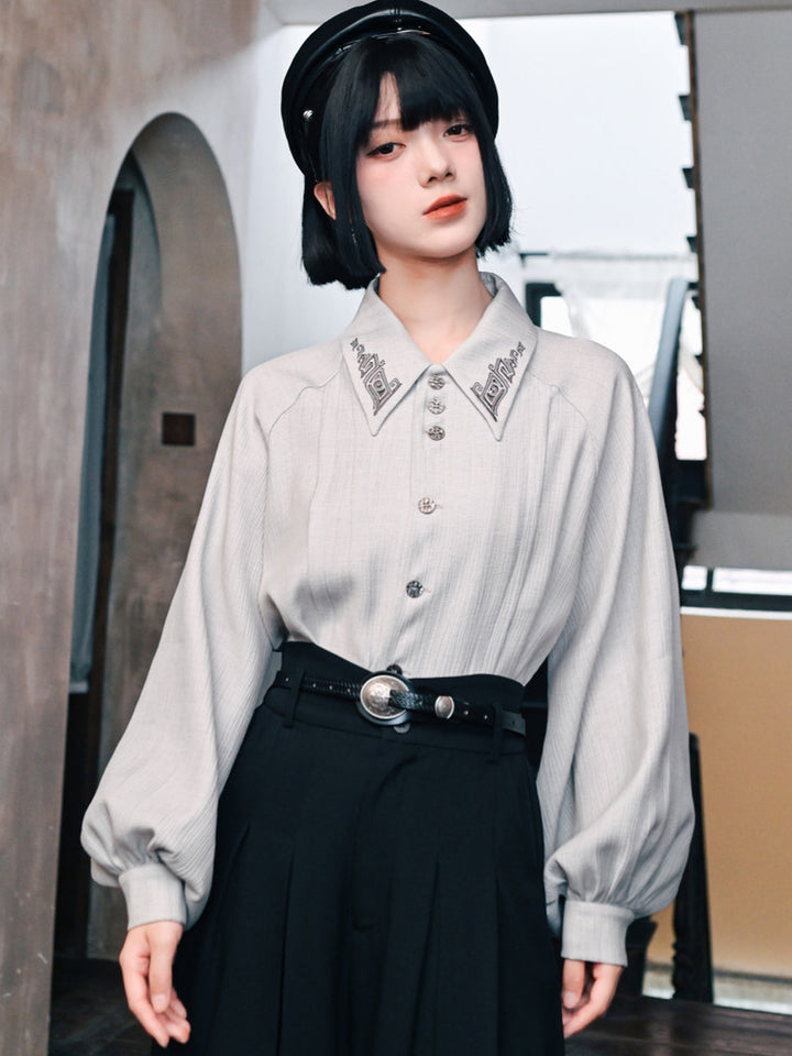 White Embroidered Collar Lantern Sleeve Shirt
