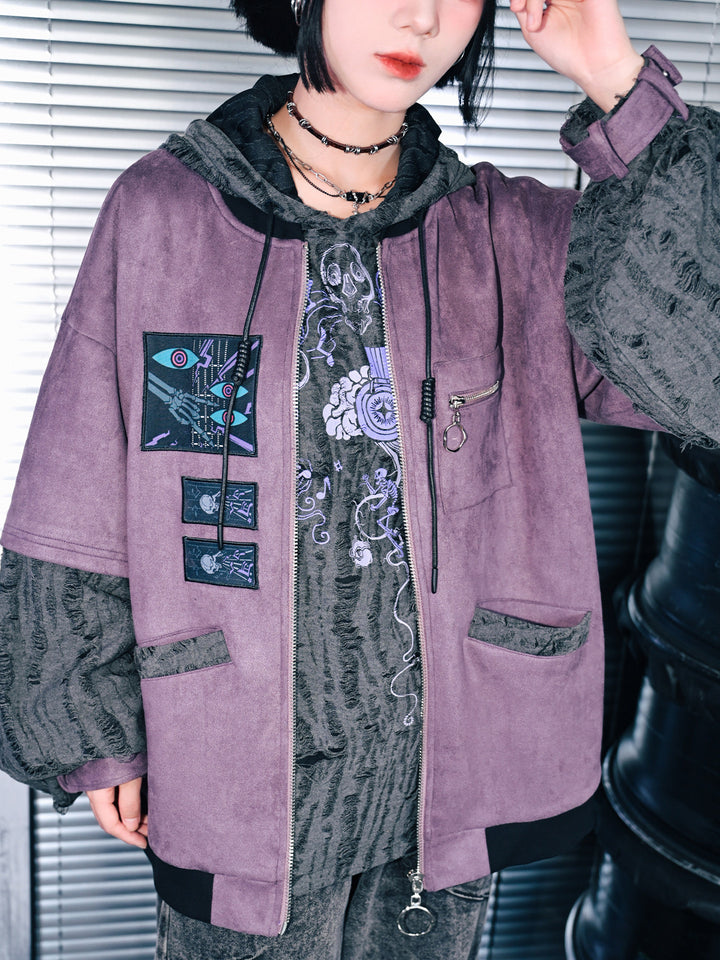 Purple Graphic Patch Distressed Hooded Jacket