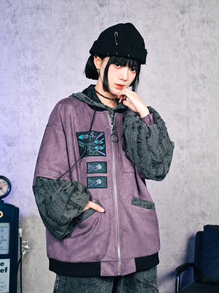 Purple Graphic Patch Distressed Hooded Jacket