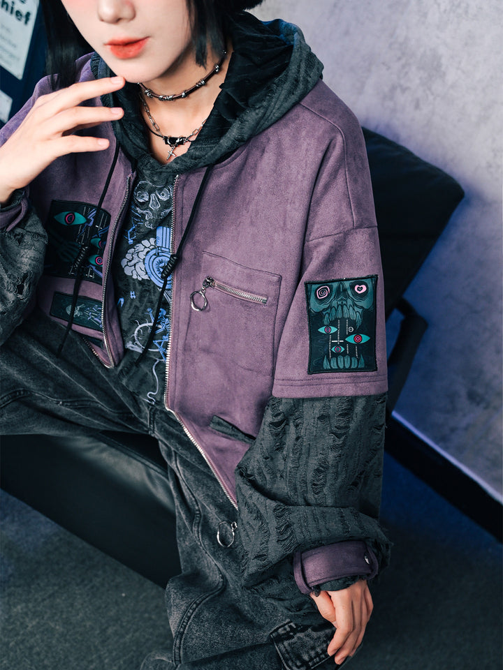 Purple Graphic Patch Distressed Hooded Jacket