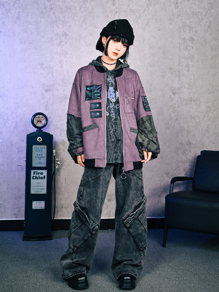 Purple Graphic Patch Distressed Hooded Jacket