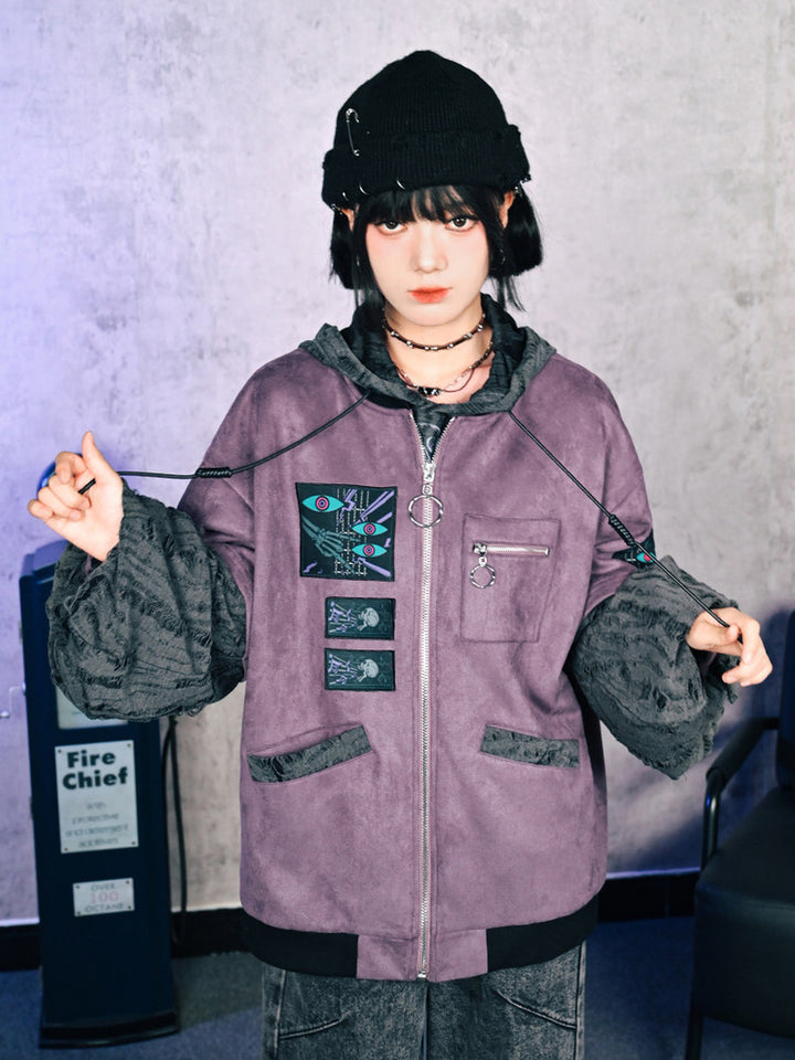 Purple Graphic Patch Distressed Hooded Jacket