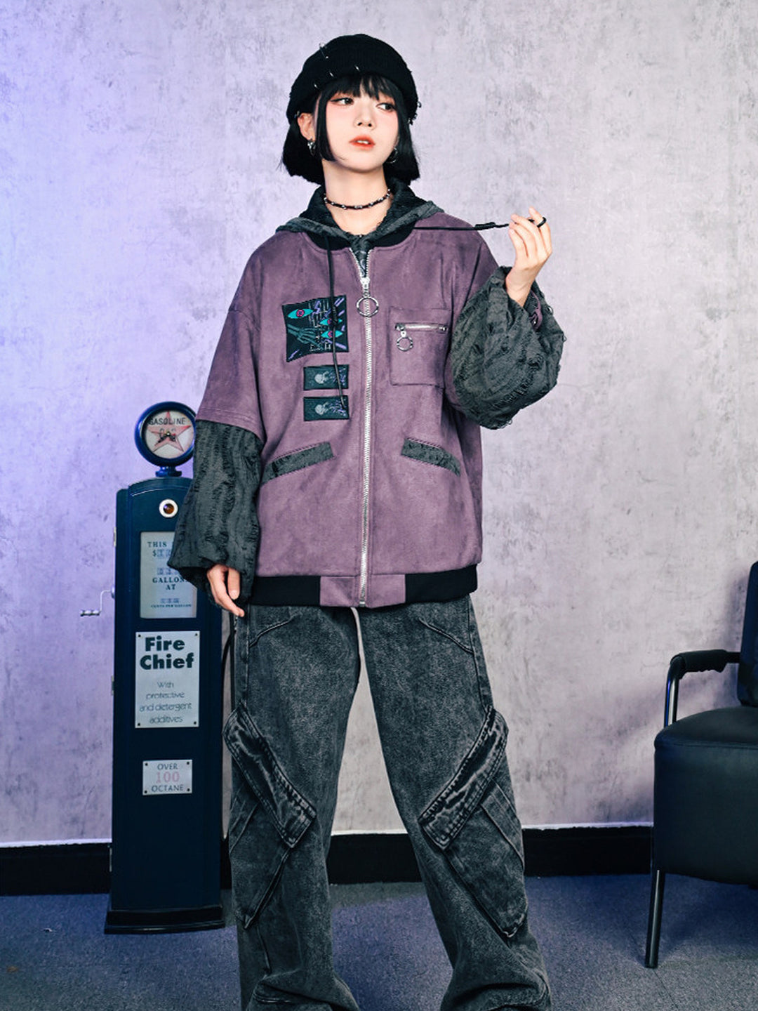 Purple Graphic Patch Distressed Hooded Jacket