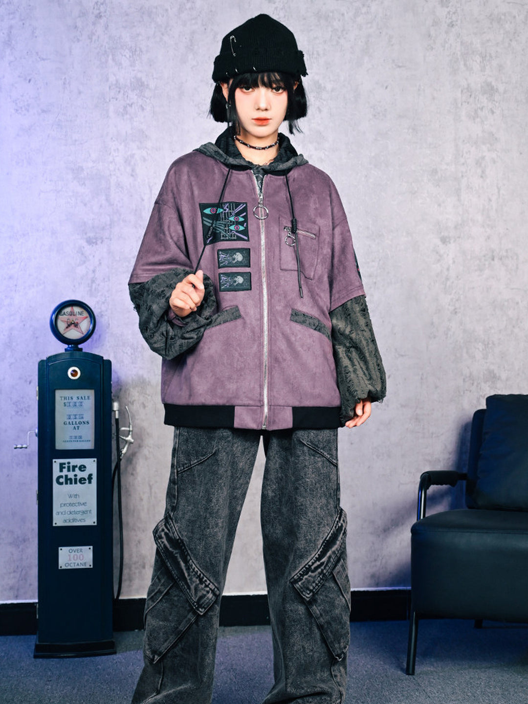 Purple Graphic Patch Distressed Hooded Jacket