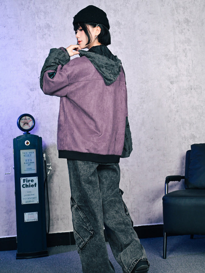Purple Graphic Patch Distressed Hooded Jacket
