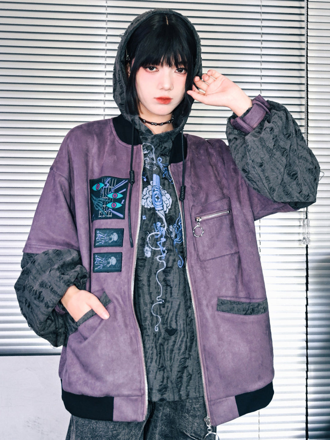 Purple Graphic Patch Distressed Hooded Jacket