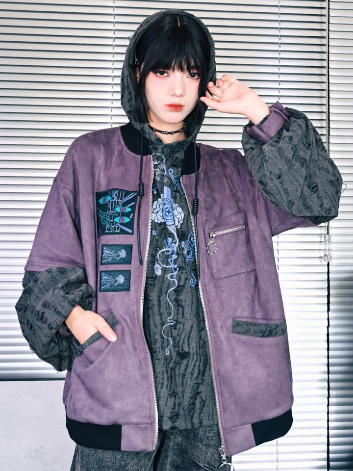 Purple Graphic Patch Distressed Hooded Jacket