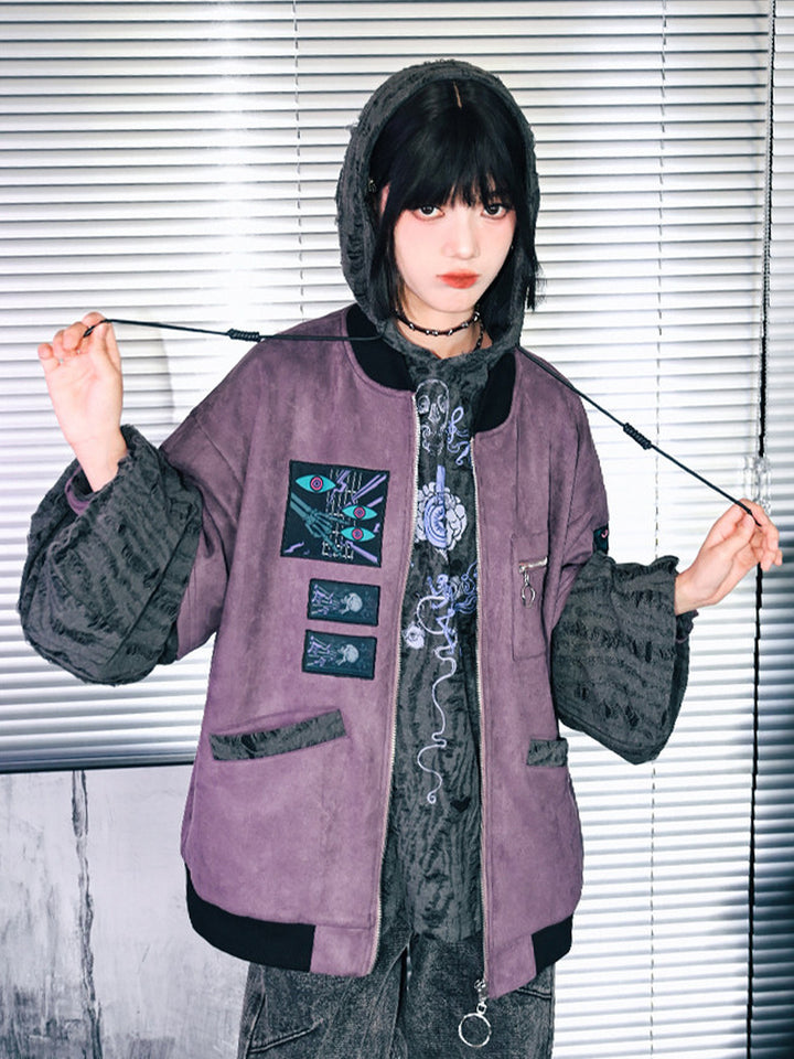 Purple Graphic Patch Distressed Hooded Jacket