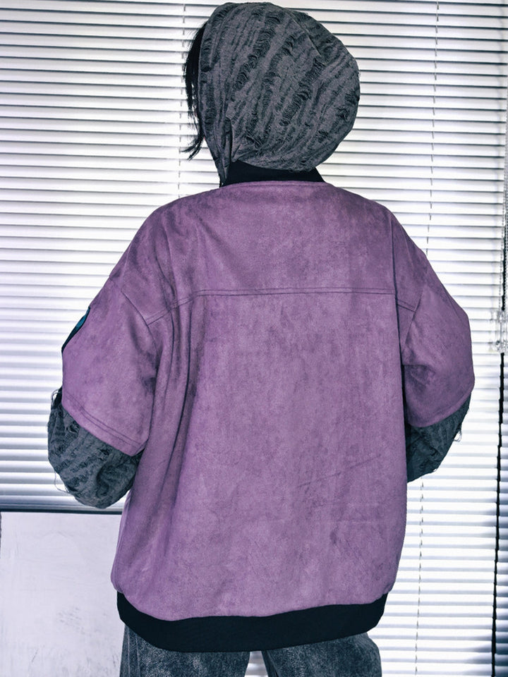 Purple Graphic Patch Distressed Hooded Jacket