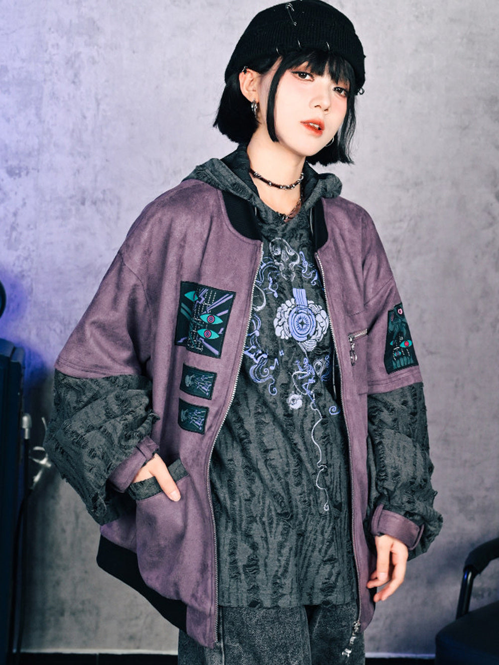 Purple Graphic Patch Distressed Hooded Jacket