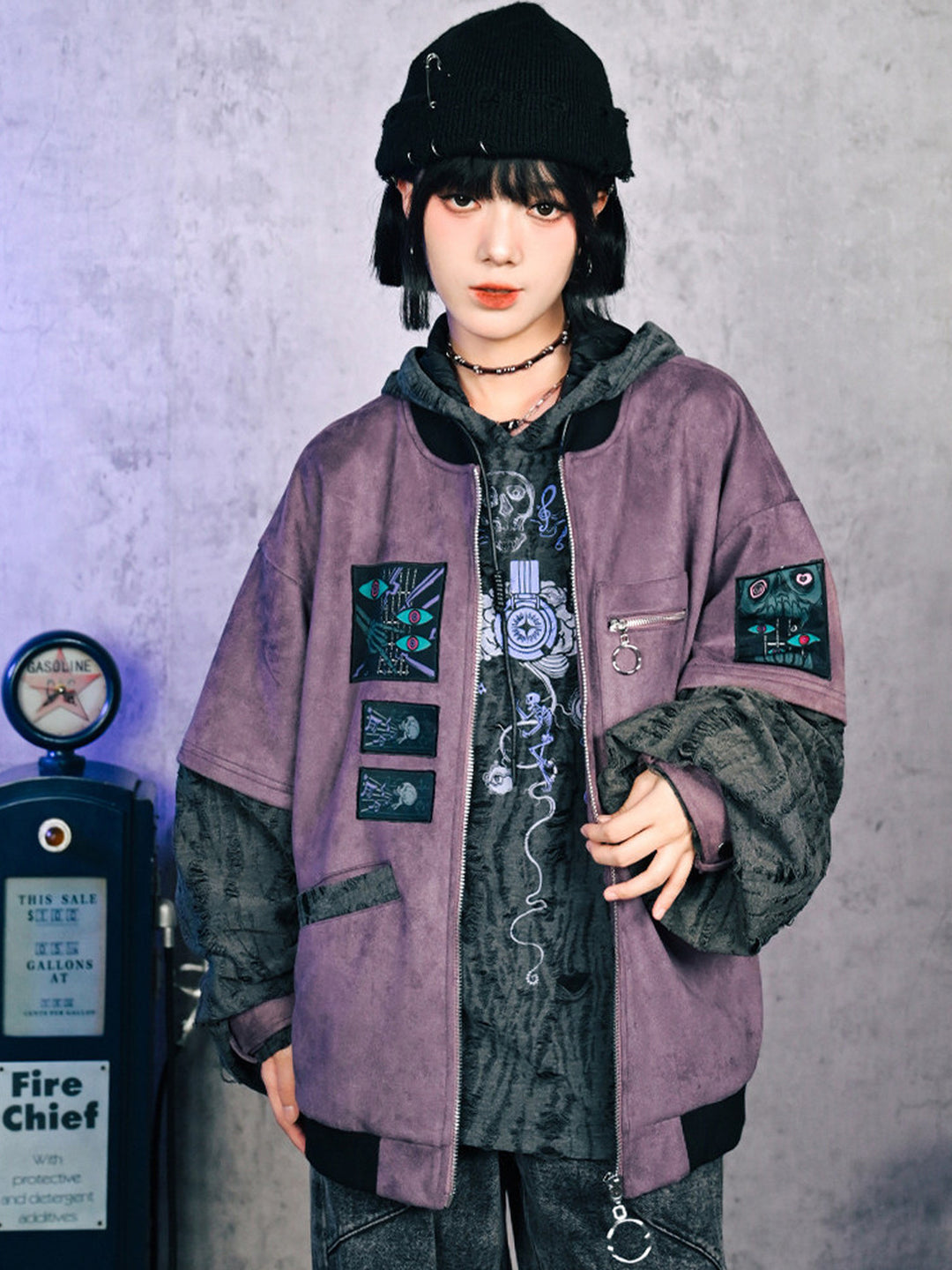 Purple Graphic Patch Distressed Hooded Jacket