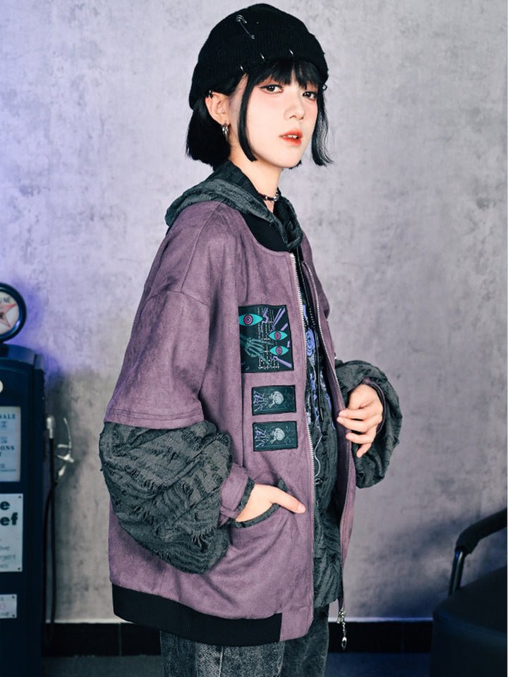Purple Graphic Patch Distressed Hooded Jacket