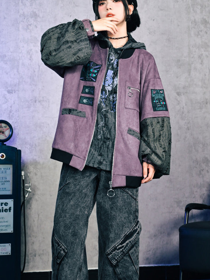 Purple Graphic Patch Distressed Hooded Jacket