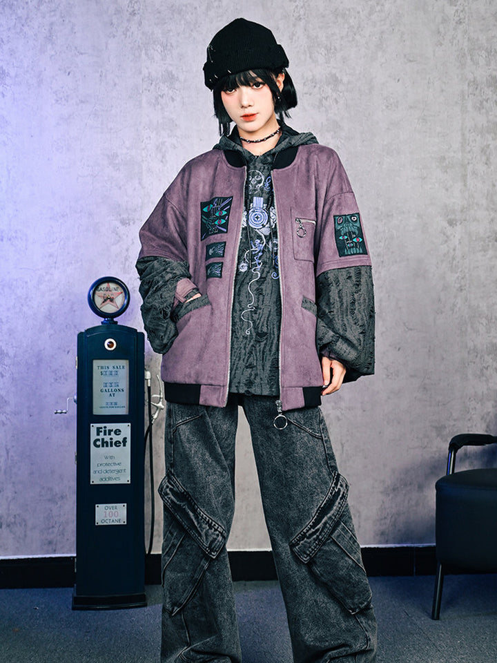 Purple Graphic Patch Distressed Hooded Jacket