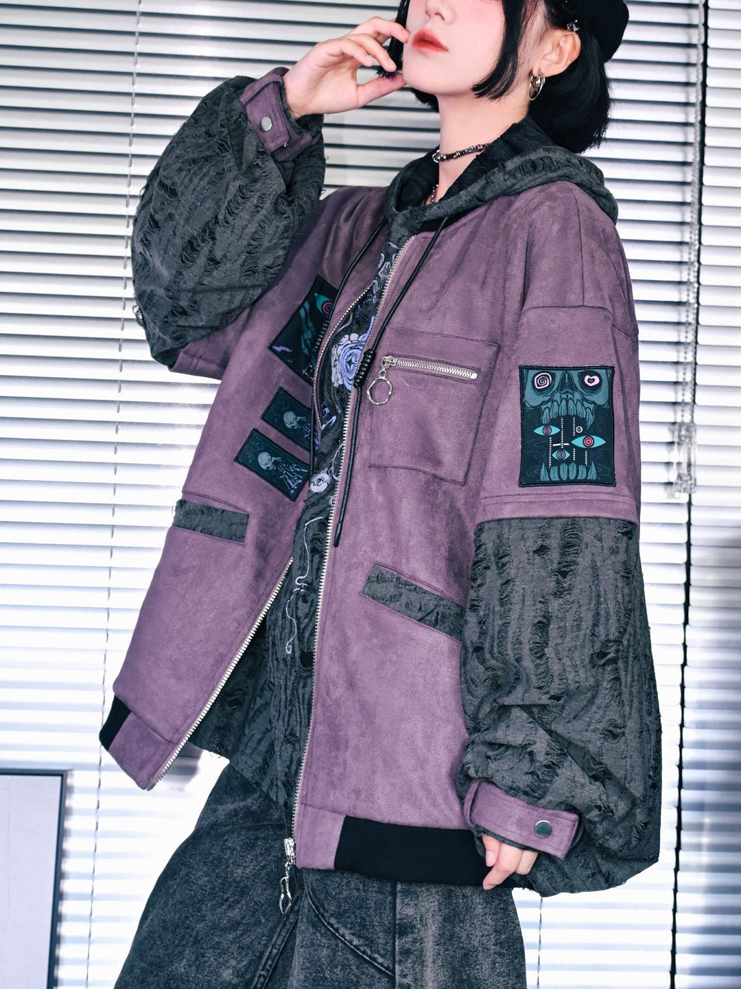 Purple Graphic Patch Distressed Hooded Jacket
