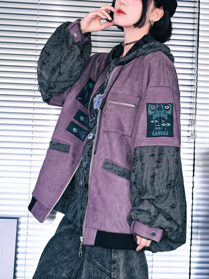 Purple Graphic Patch Distressed Hooded Jacket
