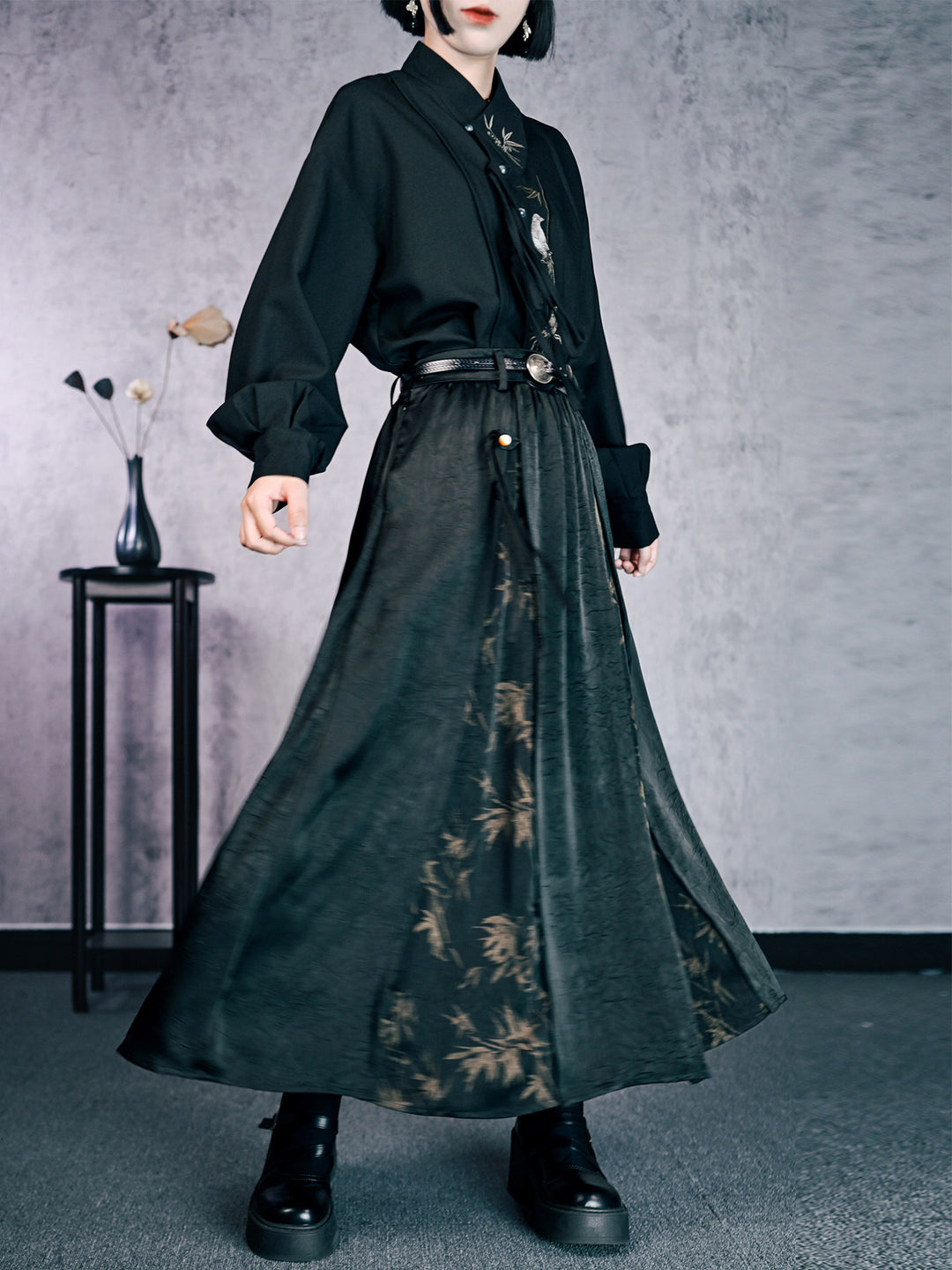 Green Bamboo Print Paneled Maxi Skirt