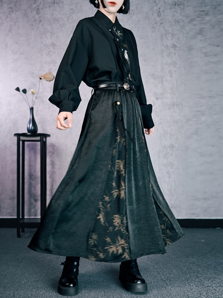Green Bamboo Print Paneled Maxi Skirt