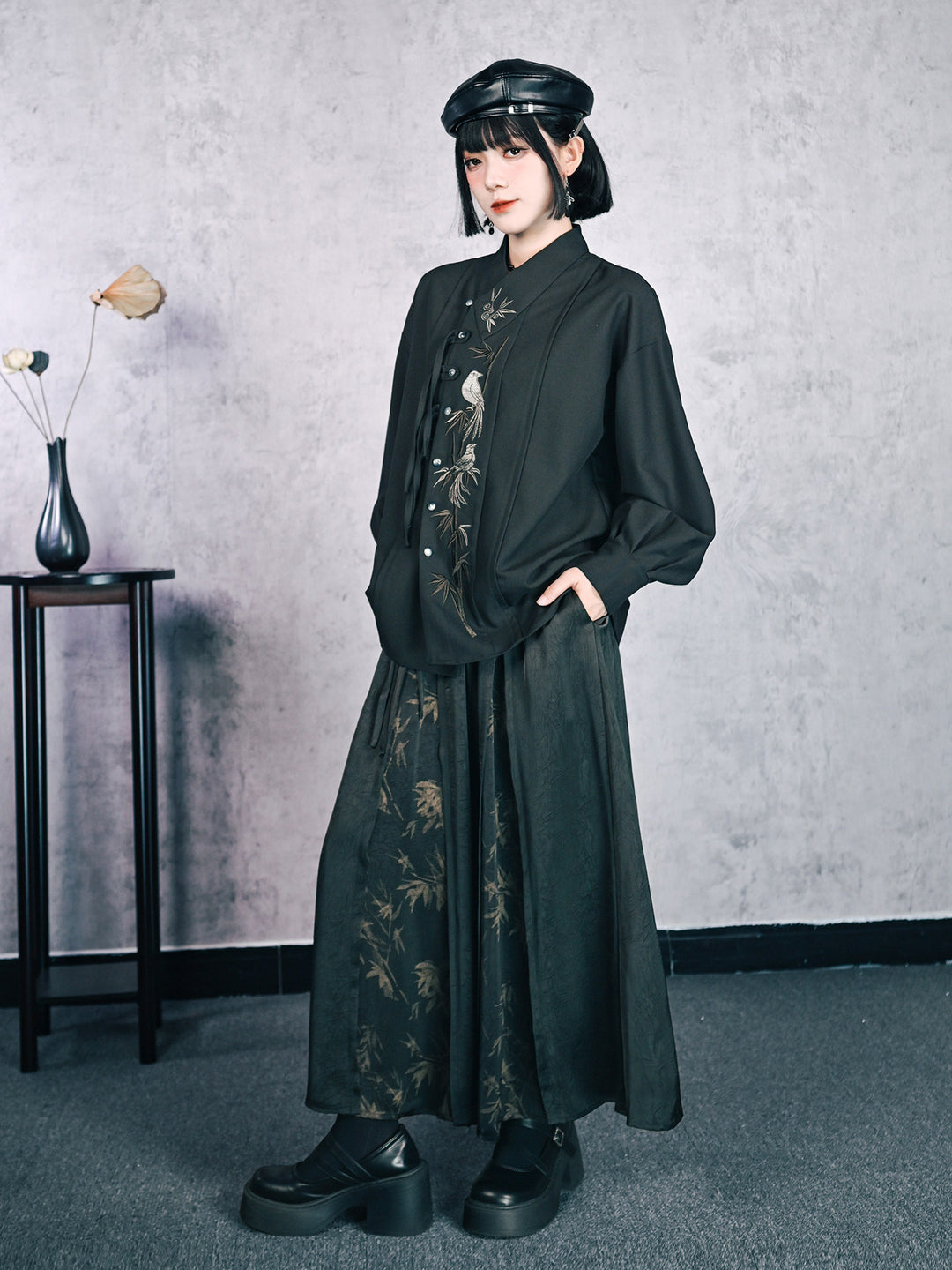 Green Bamboo Print Paneled Maxi Skirt