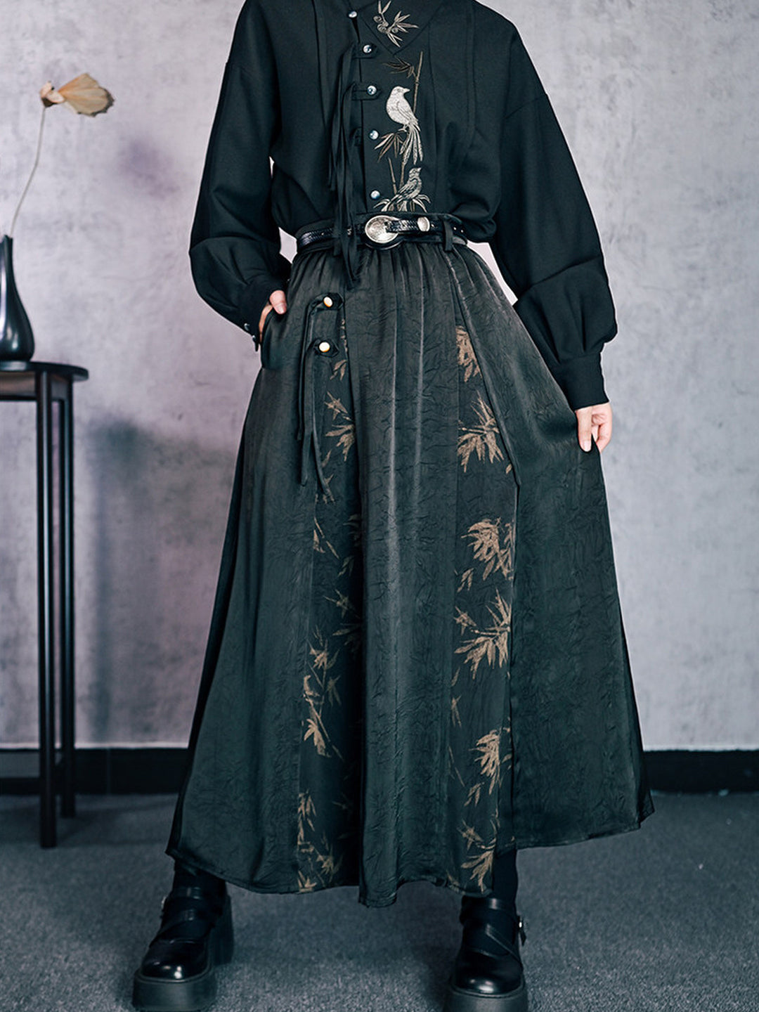 Green Bamboo Print Paneled Maxi Skirt