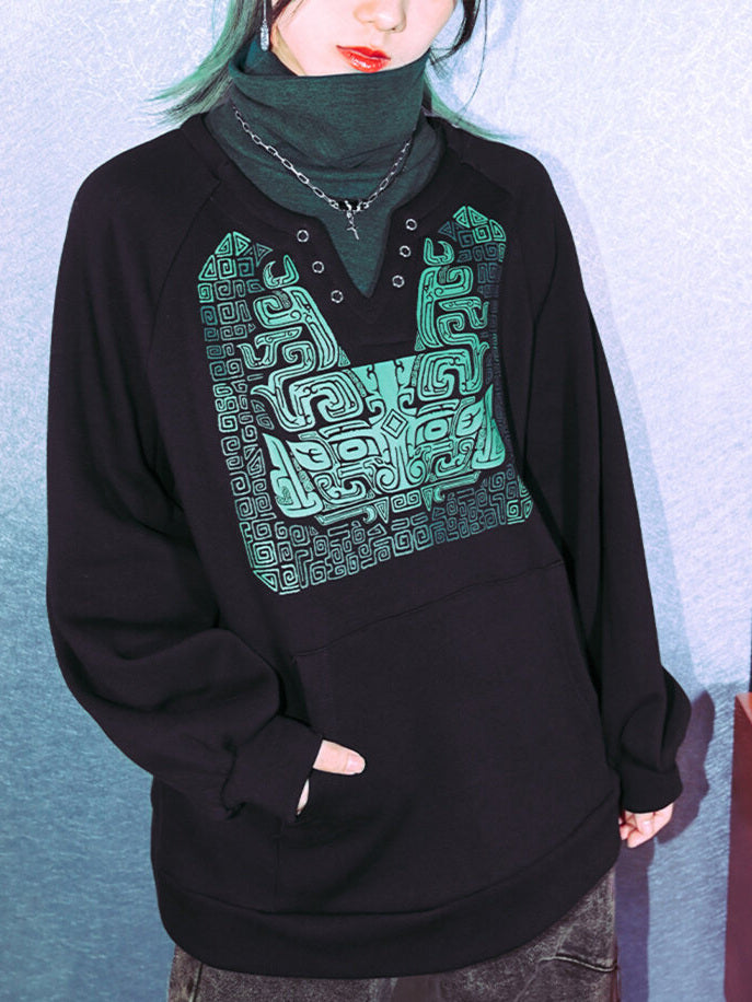 Black Chinese-Inspired Graphic Faux-Layered Hoodie