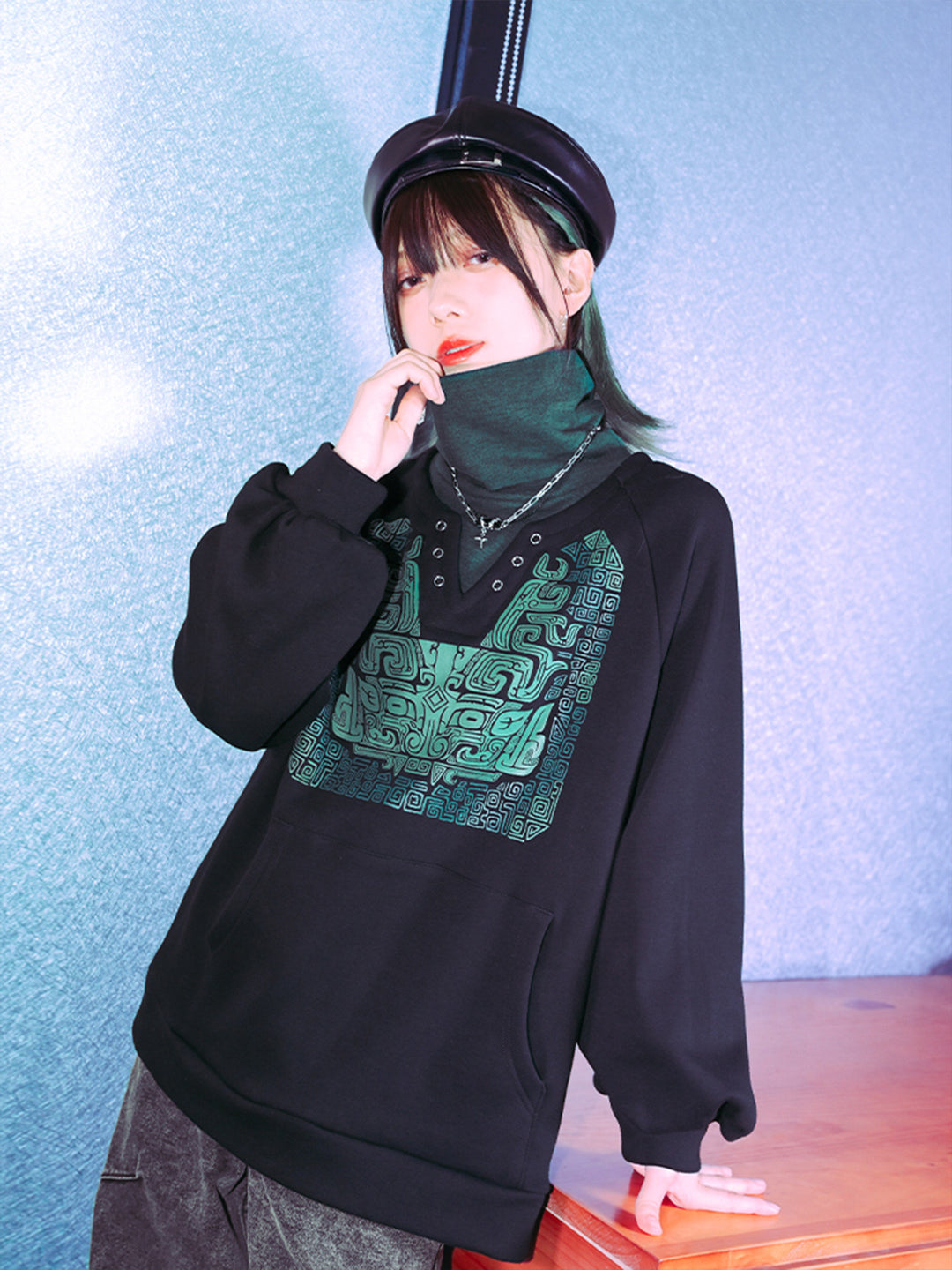 Black Chinese-Inspired Graphic Faux-Layered Hoodie