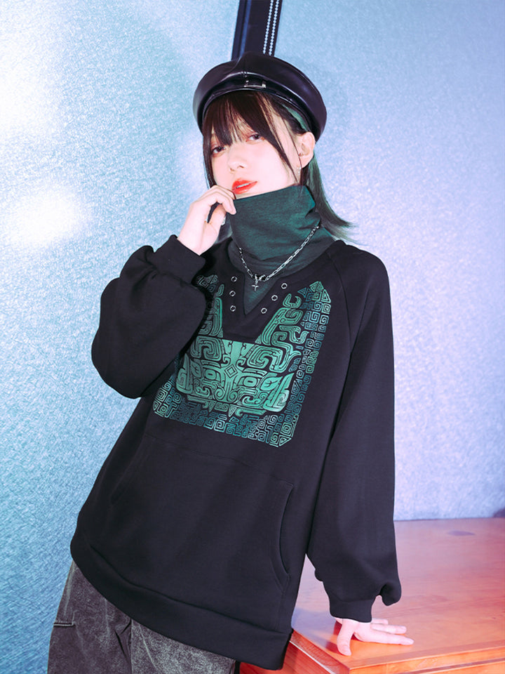 Black Chinese-Inspired Graphic Faux-Layered Hoodie
