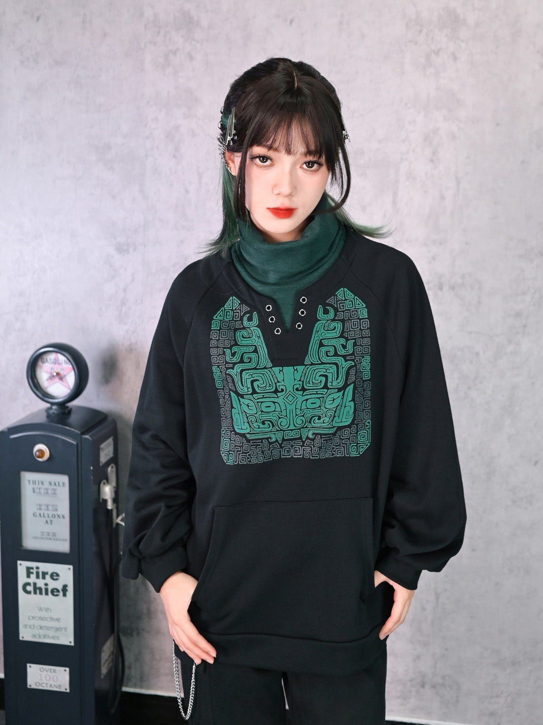 Black Chinese-Inspired Graphic Faux-Layered Hoodie