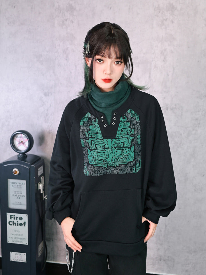 Black Chinese-Inspired Graphic Faux-Layered Hoodie