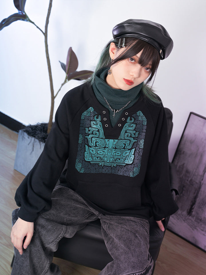 Black Chinese-Inspired Graphic Faux-Layered Hoodie