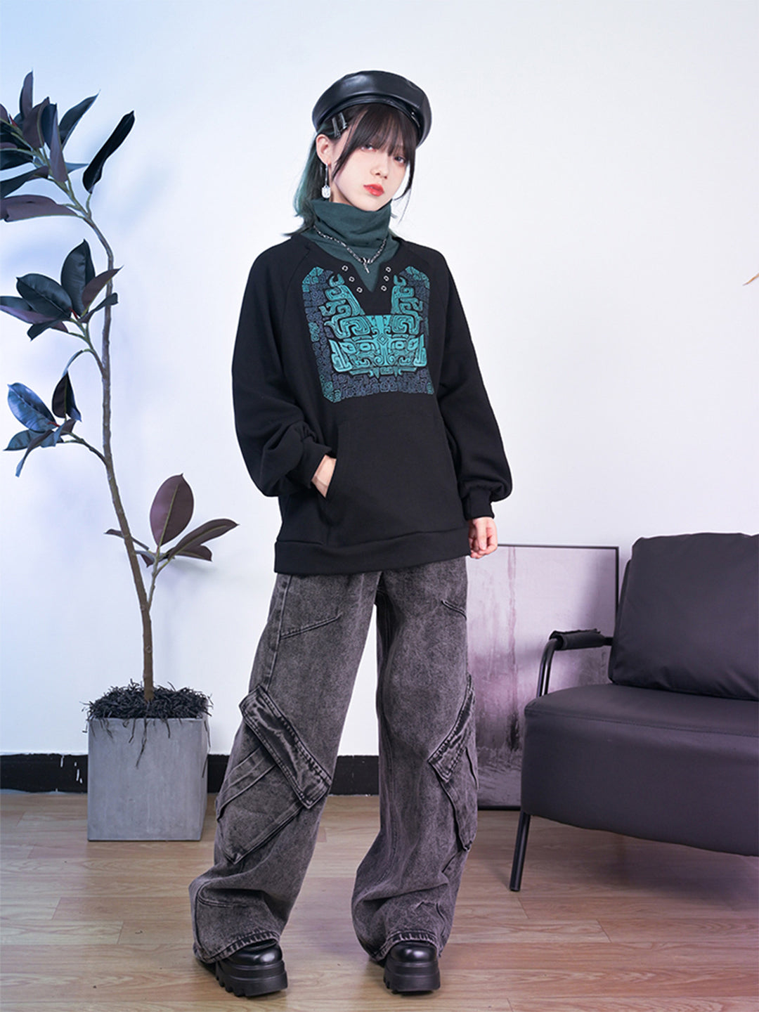 Black Chinese-Inspired Graphic Faux-Layered Hoodie