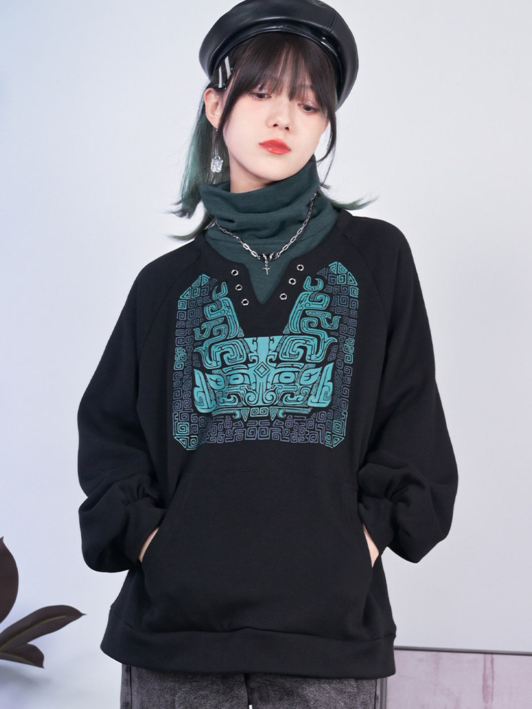 Black Chinese-Inspired Graphic Faux-Layered Hoodie