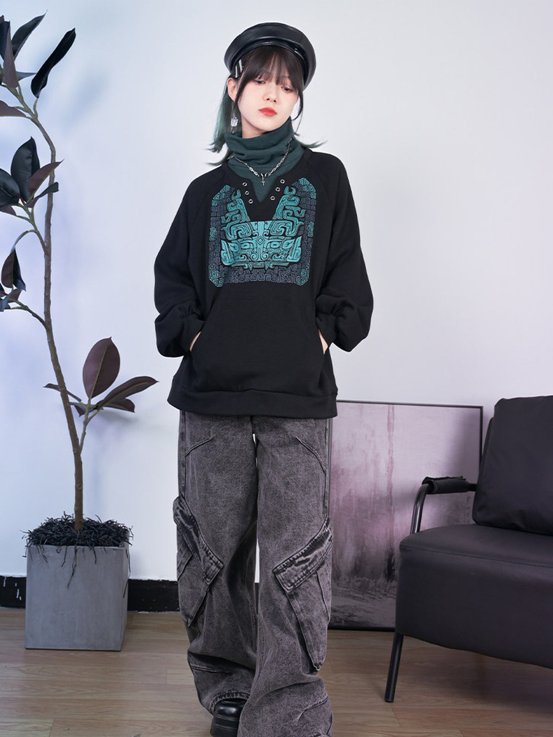 Black Chinese-Inspired Graphic Faux-Layered Hoodie