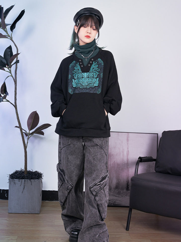 Black Chinese-Inspired Graphic Faux-Layered Hoodie