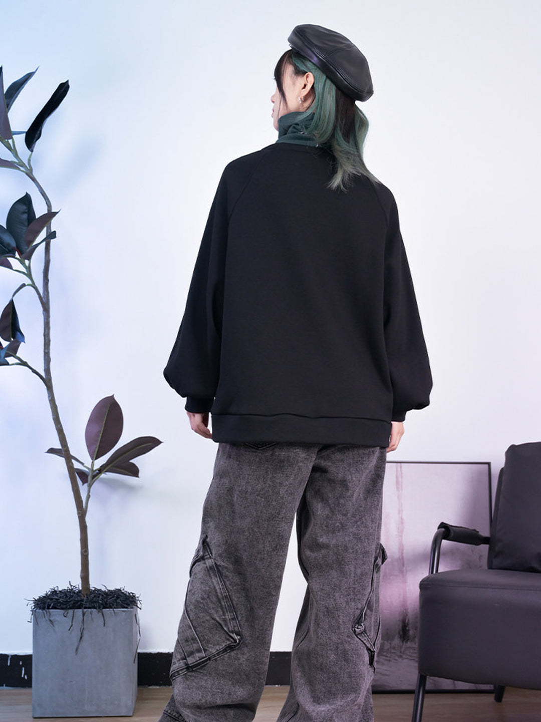 Black Chinese-Inspired Graphic Faux-Layered Hoodie