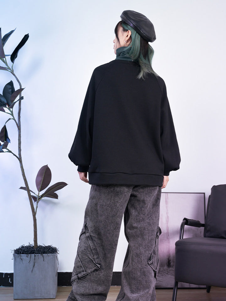 Black Chinese-Inspired Graphic Faux-Layered Hoodie
