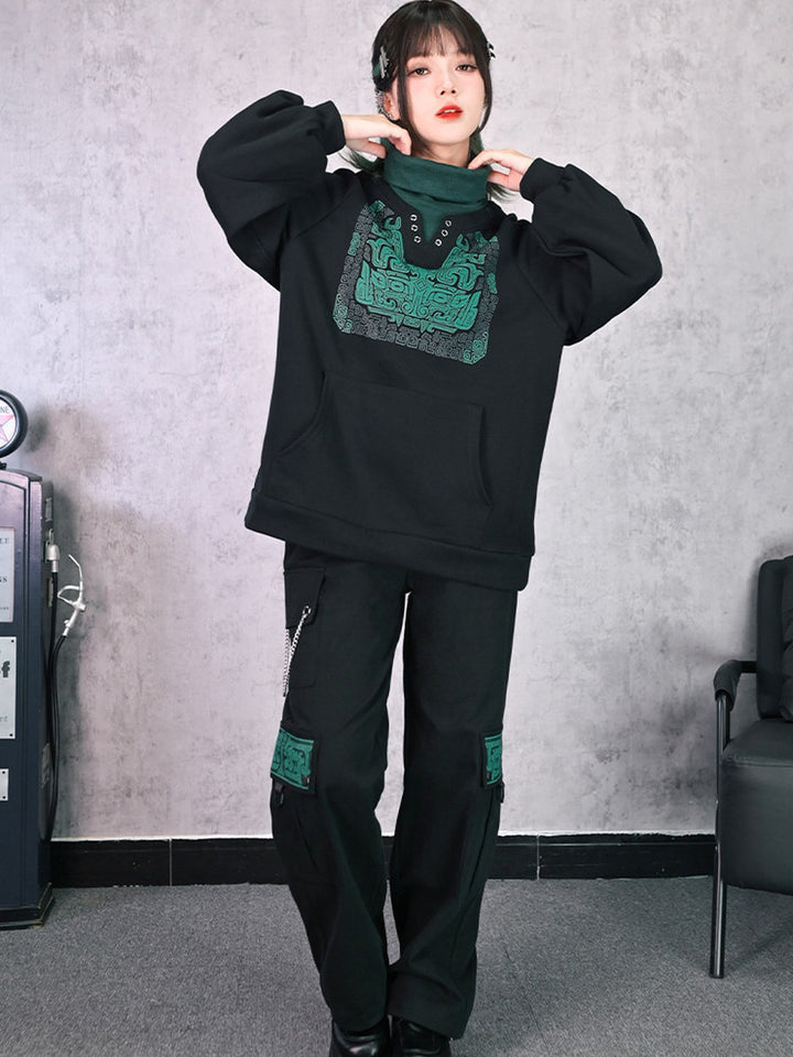 Black Chinese-Inspired Graphic Faux-Layered Hoodie