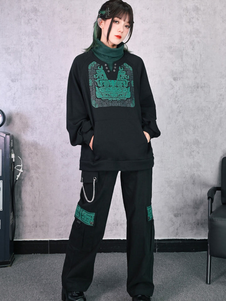 Black Chinese-Inspired Graphic Faux-Layered Hoodie